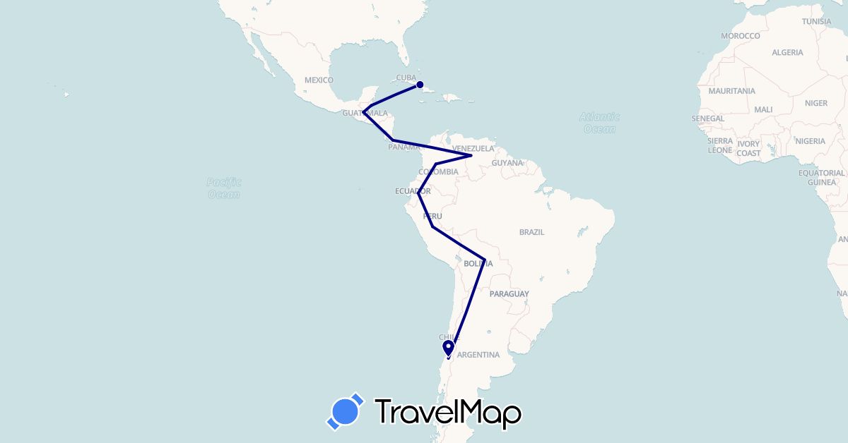 TravelMap itinerary: driving in Bolivia, Belize, Chile, Colombia, Costa Rica, Cuba, Ecuador, Guatemala, Peru, Venezuela (North America, South America)